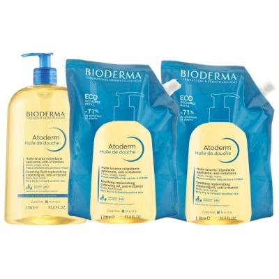 BIODERMA Atoderm Huile De Douche Anti-Irritation Face & Body Cleansing Shower Oil Pack Set (For Very Dry To Eczema-Prone Skin) 1L + Eco Refill Pack 1L x 2s