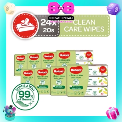 HUGGIES - Clean Care Baby Wipes 24 Packs x 20 Wipes Per Carton