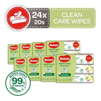 HUGGIES Clean Care Baby Wipes 24 Packs x 20 Wipes Per Carton