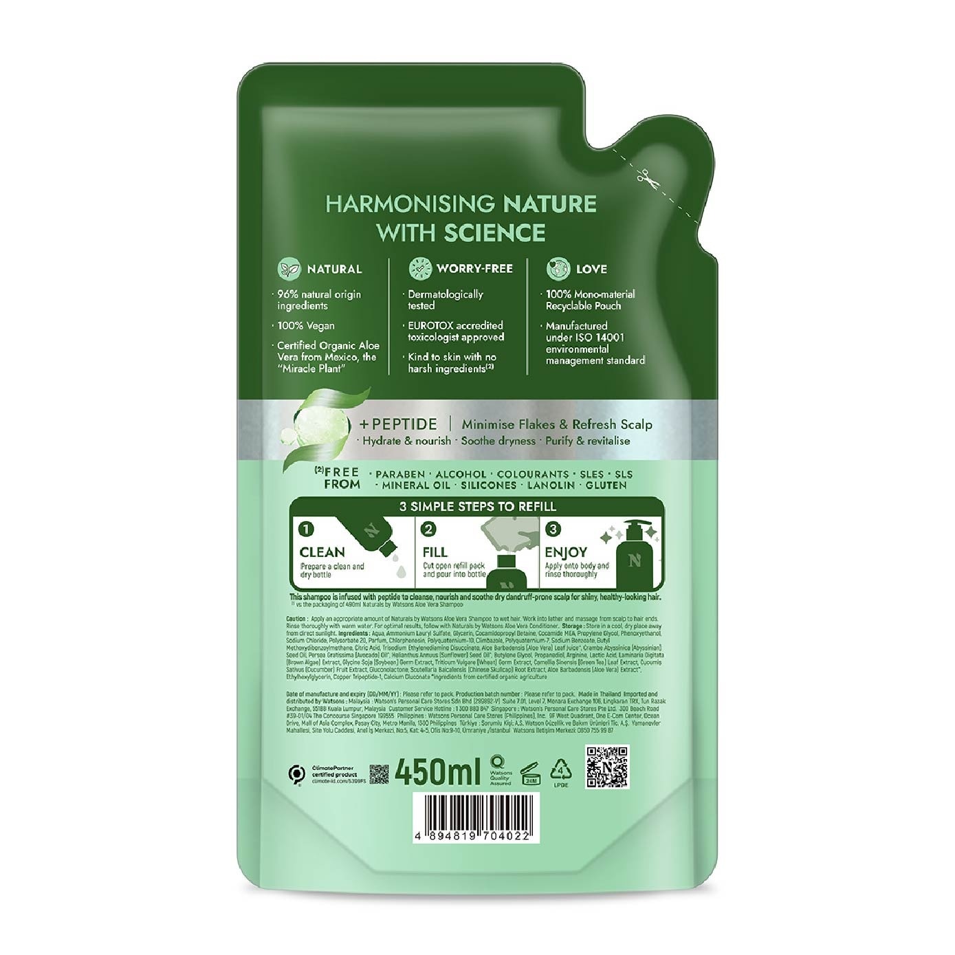 Aloe Vera + Peptide Anti-Dandruff Shampoo Refill Pack  450ml