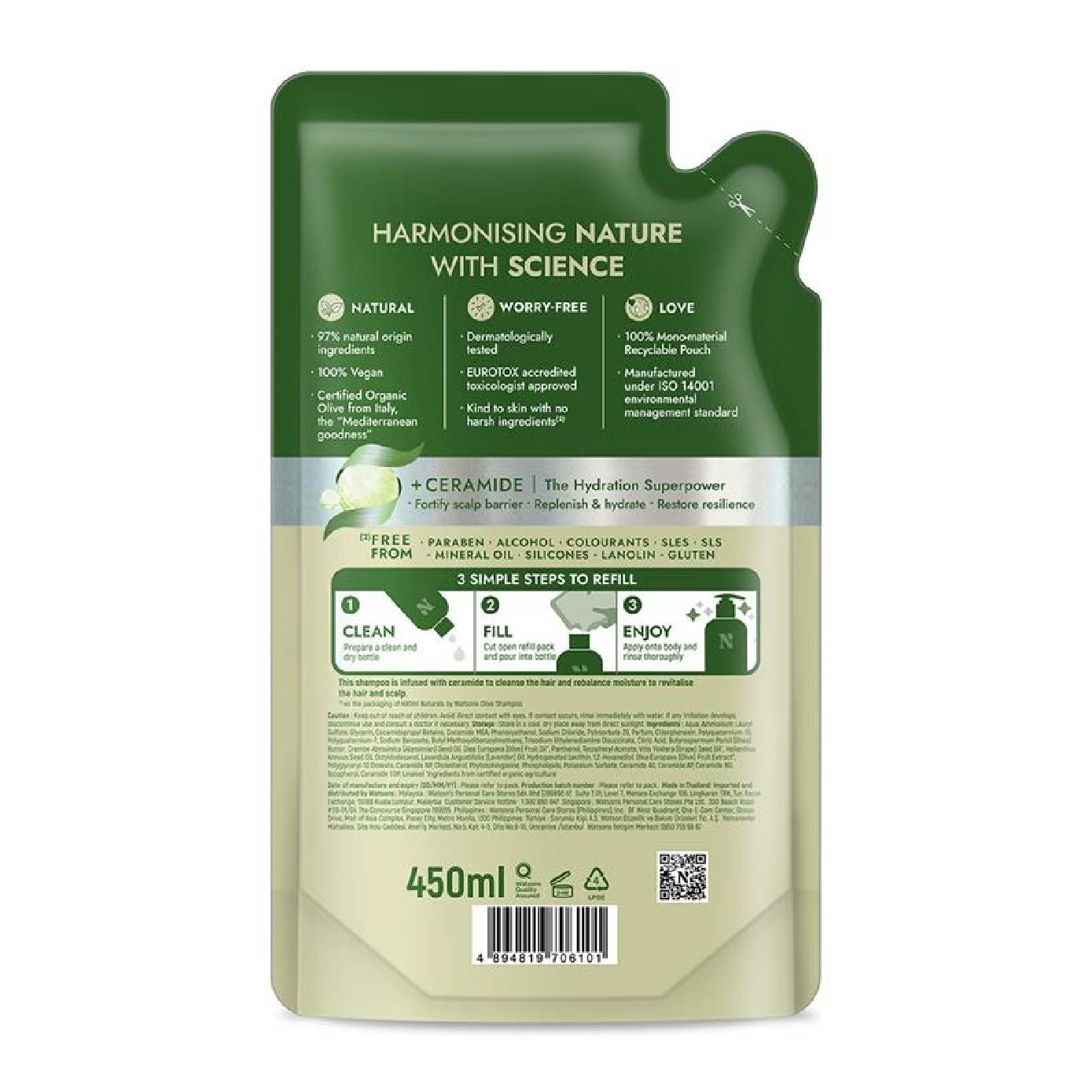 Olive + Ceramide Moisturising Shampoo Refill Pack 450ml