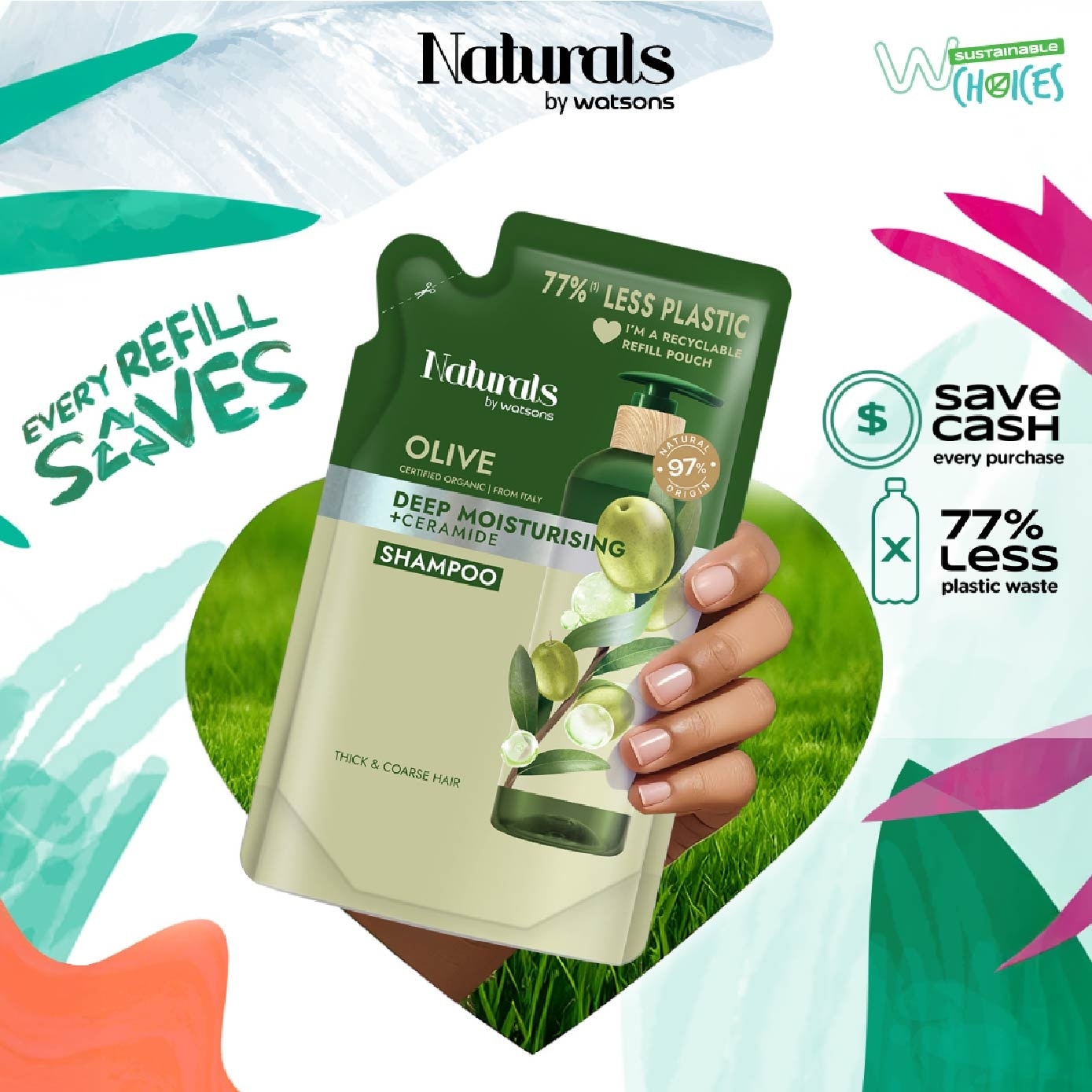 NATURALS BY WATSONS Olive + Ceramide Moisturising Shampoo Refill Pack 450ml