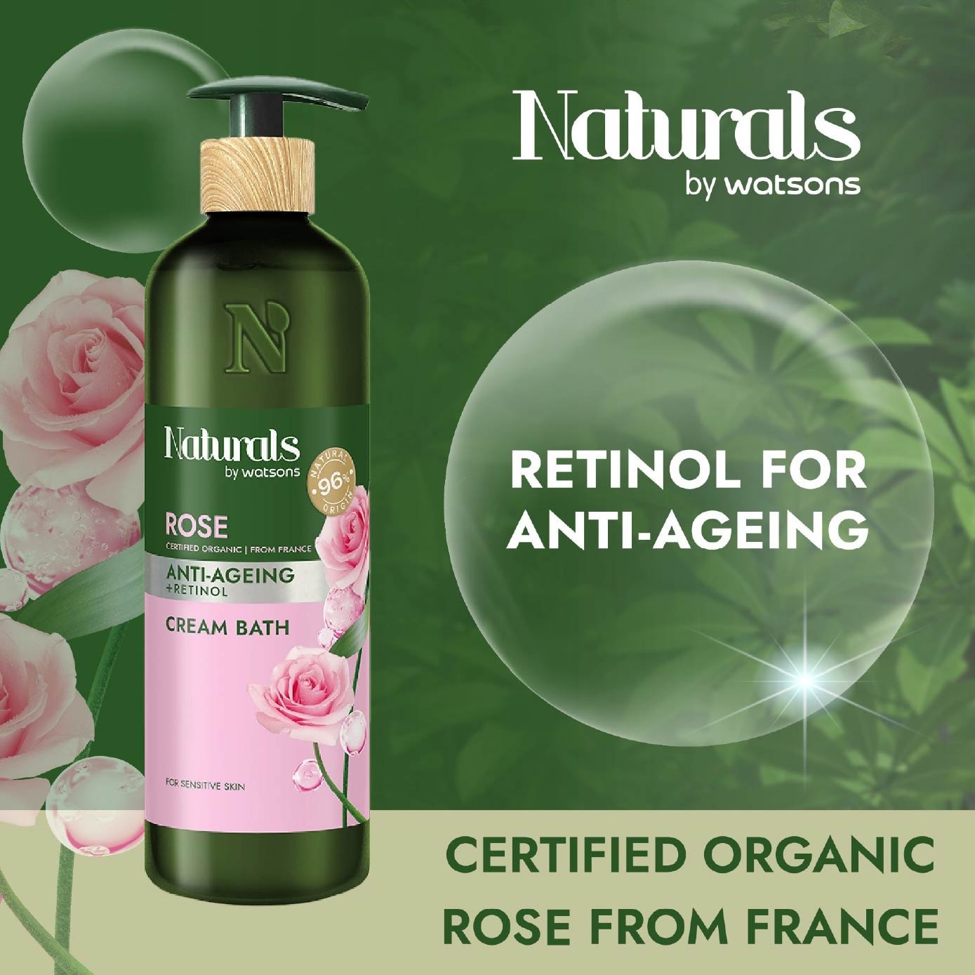 Rose + Retinol Anti-Ageing Cream Bath (For Sensitive Skin) 490ml