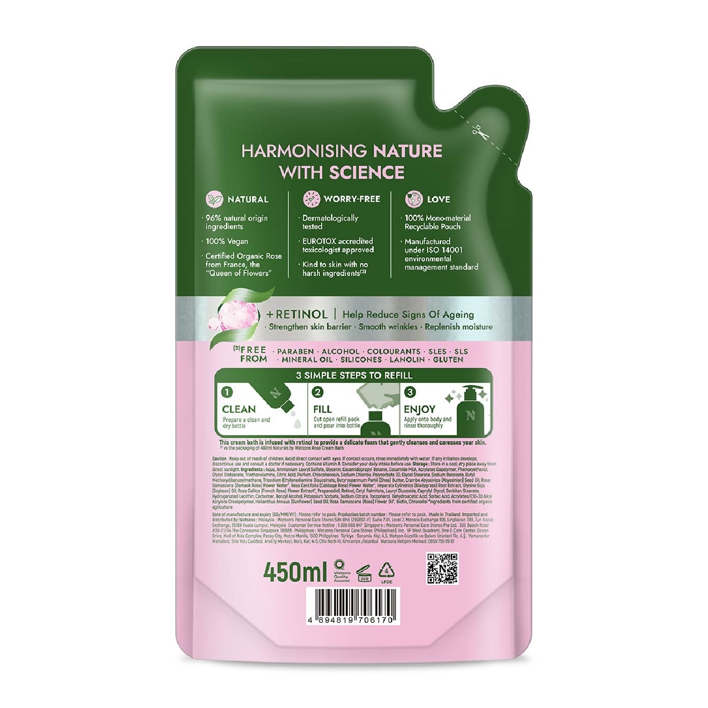 Rose + Retinol Anti-Ageing Cream Bath Refill Pack 450ml