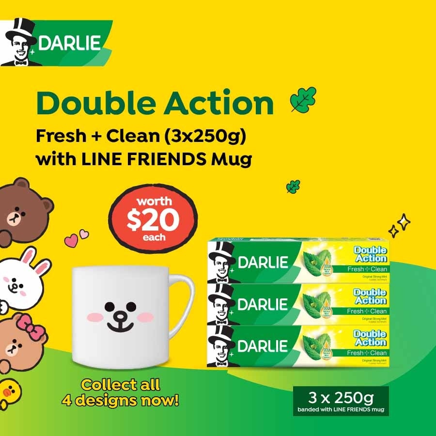 Double Action Fresh + Clean Original Strong Mint Packset 250g x 3s + LINE Friends Mug (Design Packed Random) 1s