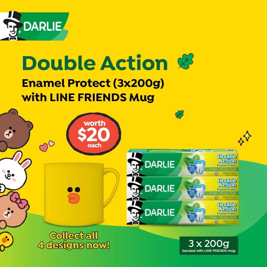 Double Action Enamel Protect Fresh + Strong Teeth Original Strong Mint Packset 200g x 3s + LINE Friends Mug (Design Packed Random) 1s
