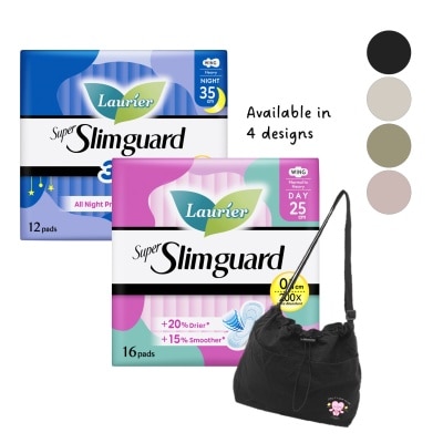 LAURIER Super Slimguard Sanitary Pad Twinpack (Day 25cm 16s & Night 35cm 12s With Free Sad Shrimps Illustrated Drawstring Sling Bag) 2s