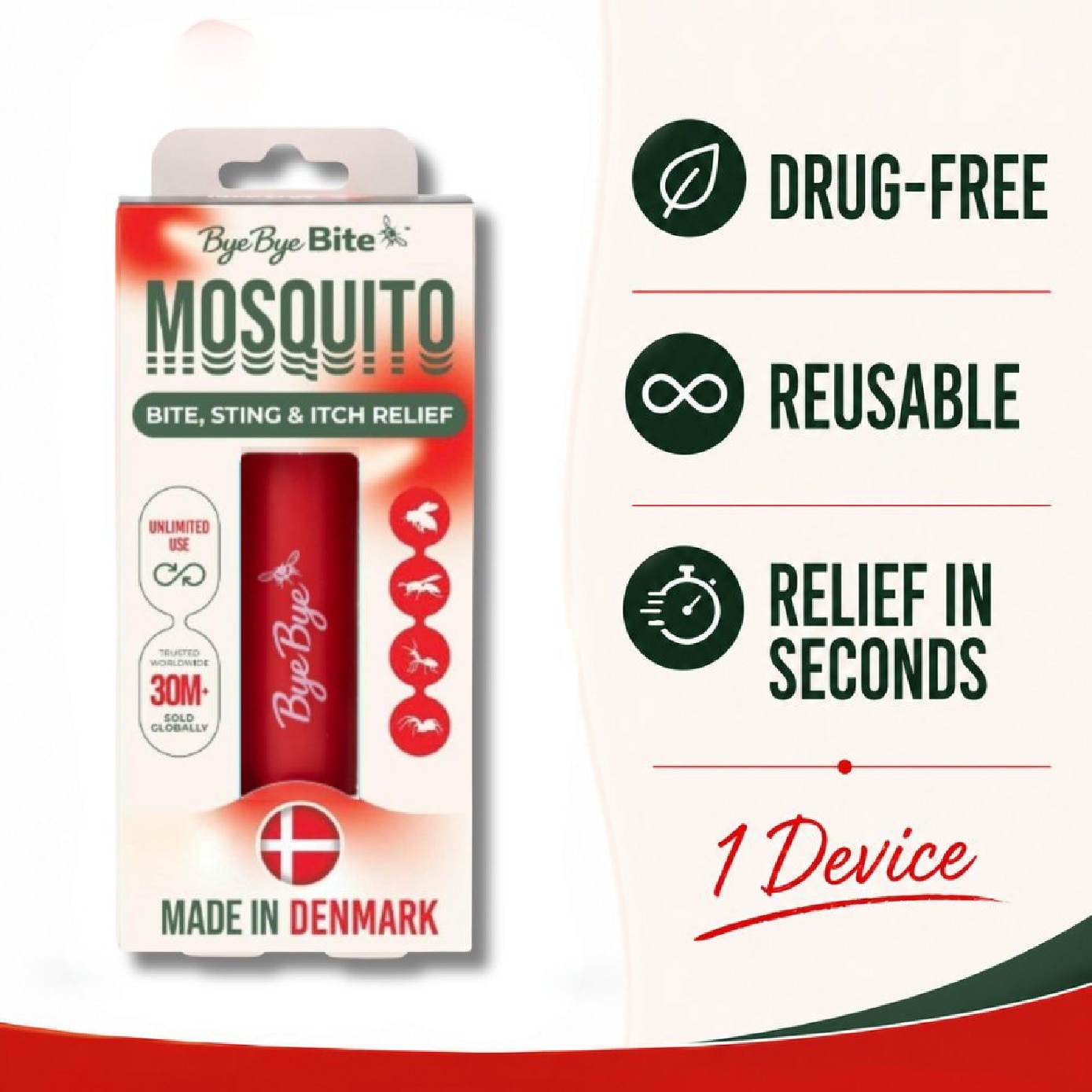 Reusable Drug-Free Insect Bite & Sting Relief Device Red 1s image