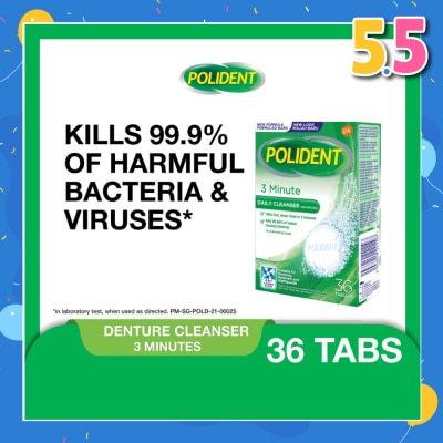 POLIDENT 3 Minutes Denture Care & Cleanser Tablet (Kills 99.99% Odour Causing Bacteria) 36s