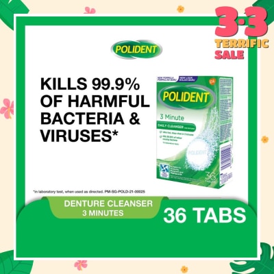 POLIDENT 3 Minutes Denture Care & Cleanser Tablet (Kills 99.99% Odour Causing Bacteria) 36s