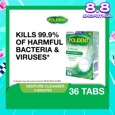 POLIDENT 3 Minutes Denture Care & Cleanser Tablet (Kills 99.99% Odour Causing Bacteria) 36s