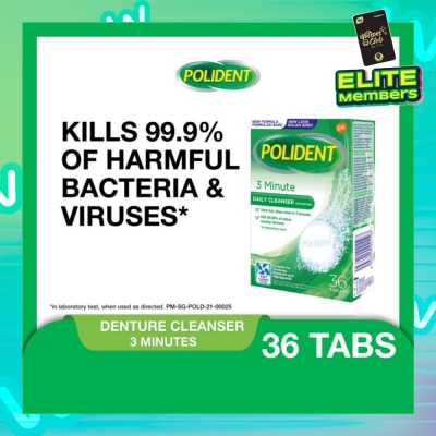 POLIDENT 3 Minutes Denture Care & Cleanser Tablet (Kills 99.99% Odour Causing Bacteria) 36s