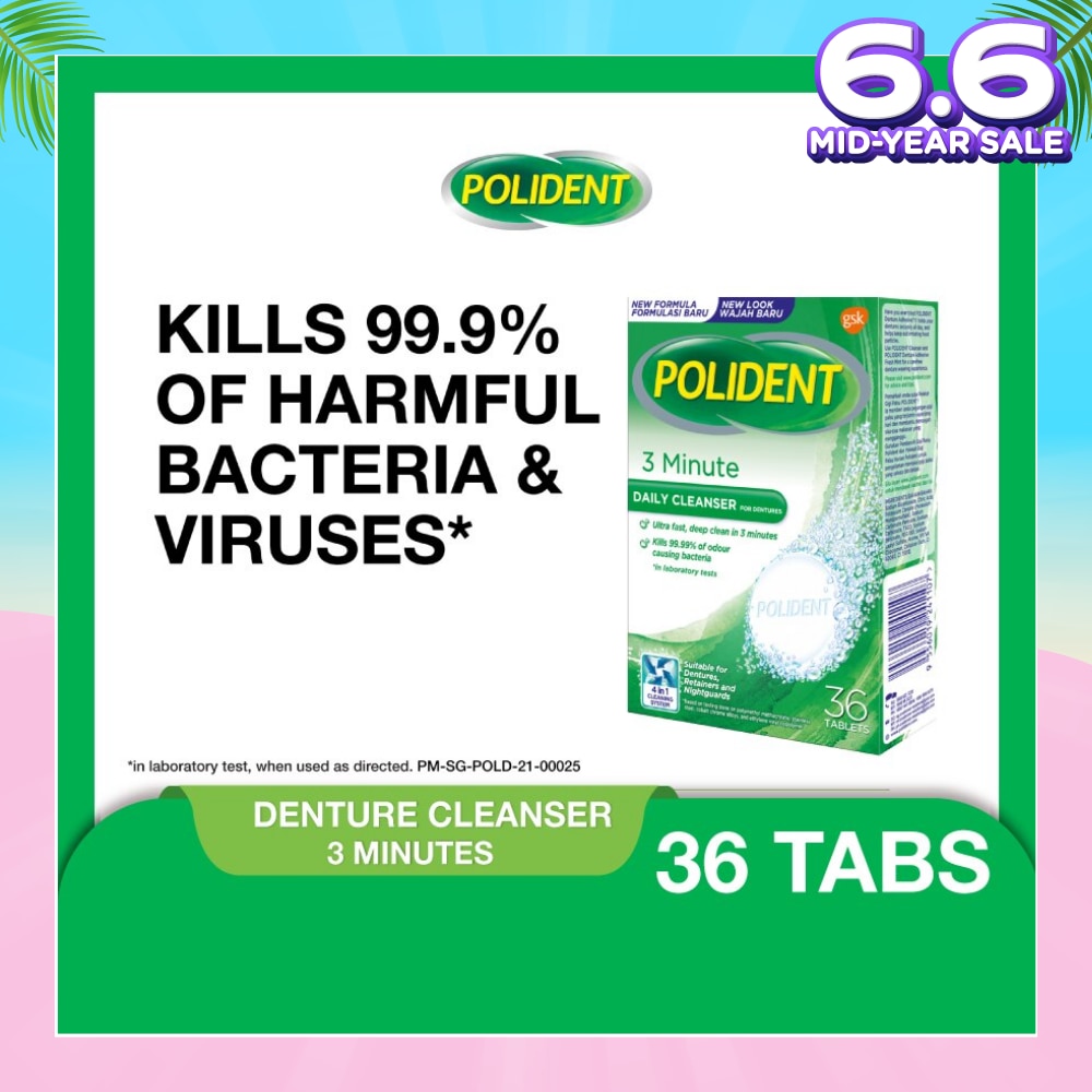 3 Minutes Denture Care & Cleanser Tablet (Kills 99.99% Odour Causing Bacteria) 36s