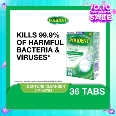 POLIDENT 3 Minutes Denture Care & Cleanser Tablet (Kills 99.99% Odour Causing Bacteria) 36s