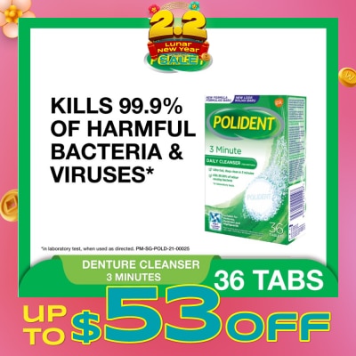 POLIDENT 3 Minutes Denture Care & Cleanser Tablet (Kills 99.99% Odour Causing Bacteria) 36s