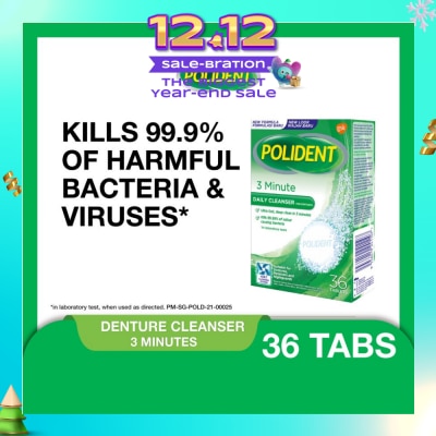 POLIDENT 3 Minutes Denture Care & Cleanser Tablet (Kills 99.99% Odour Causing Bacteria) 36s