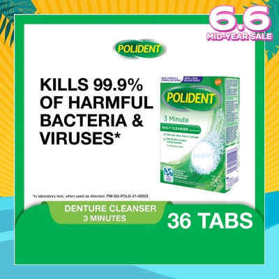 POLIDENT 3 Minutes Denture Care & Cleanser Tablet (Kills 99.99% Odour Causing Bacteria) 36s