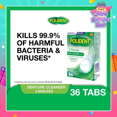 POLIDENT 3 Minutes Denture Care & Cleanser Tablet (Kills 99.99% Odour Causing Bacteria) 36s