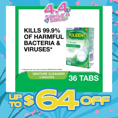 POLIDENT - 3 Minutes Denture Care & Cleanser Tablet (Kills 99.99% Odour Causing Bacteria) 36s