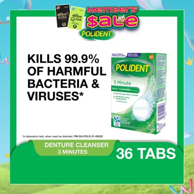 POLIDENT - 3 Minutes Denture Care & Cleanser Tablet (Kills 99.99% Odour Causing Bacteria) 36s