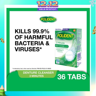 POLIDENT 3 Minutes Denture Care & Cleanser Tablet (Kills 99.99% Odour Causing Bacteria) 36s