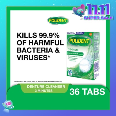 POLIDENT 3 Minutes Denture Care & Cleanser Tablet (Kills 99.99% Odour Causing Bacteria) 36s