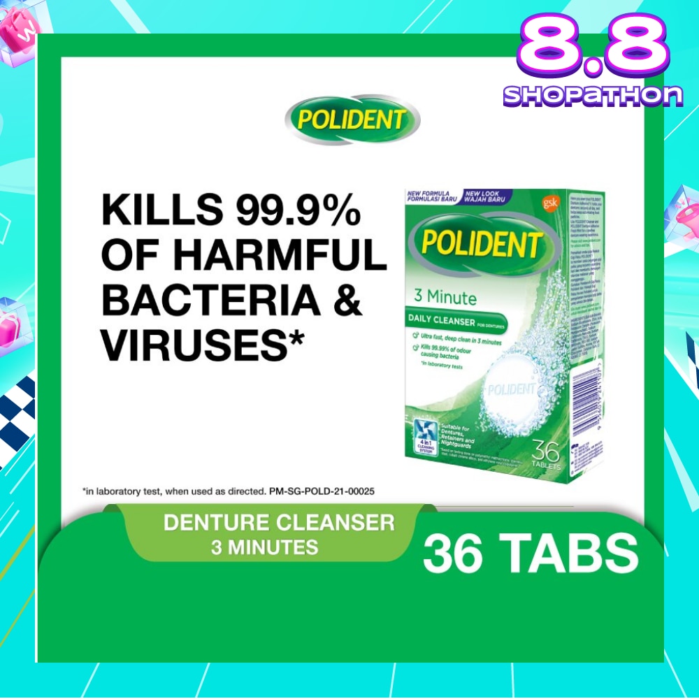 3 Minutes Denture Care & Cleanser Tablet (Kills 99.99% Odour Causing Bacteria) 36s