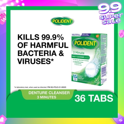 POLIDENT 3 Minutes Denture Care & Cleanser Tablet (Kills 99.99% Odour Causing Bacteria) 36s