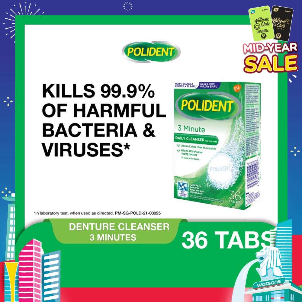 3 Minutes Denture Care & Cleanser Tablet (Kills 99.99% Odour Causing Bacteria) 36s