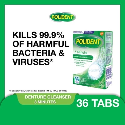 POLIDENT 3 Minutes Denture Care & Cleanser Tablet (Kills 99.99% Odour Causing Bacteria) 36s