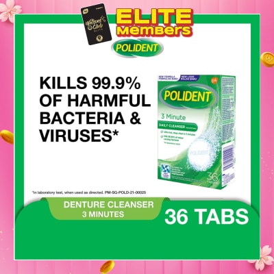POLIDENT 3 Minutes Denture Care & Cleanser Tablet (Kills 99.99% Odour Causing Bacteria) 36s