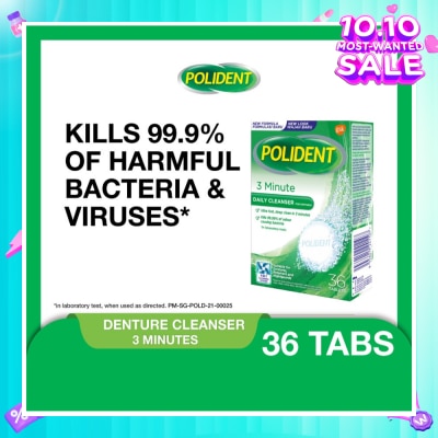 POLIDENT 3 Minutes Denture Care & Cleanser Tablet (Kills 99.99% Odour Causing Bacteria) 36s