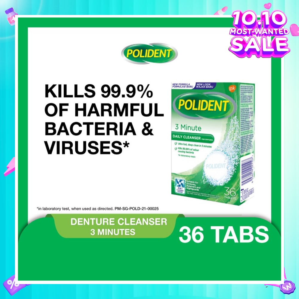 3 Minutes Denture Care & Cleanser Tablet (Kills 99.99% Odour Causing Bacteria) 36s