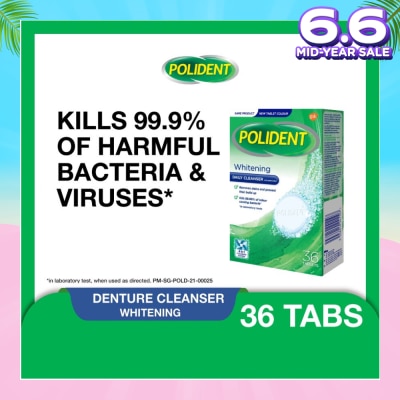 POLIDENT Overnight Whitening Denture Care & Cleanser Tablet (Kills 99.99% Odour Causing Bacteria) 36s