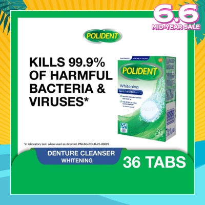 POLIDENT Overnight Whitening Denture Care & Cleanser Tablet (Kills 99.99% Odour Causing Bacteria) 36s