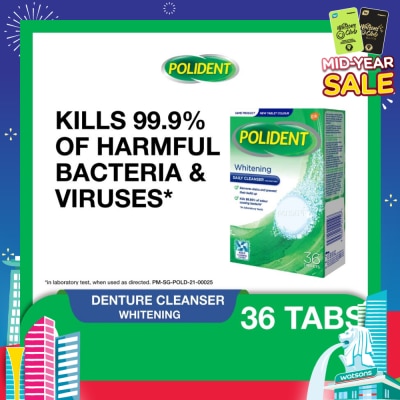 POLIDENT Overnight Whitening Denture Care & Cleanser Tablet (Kills 99.99% Odour Causing Bacteria) 36s