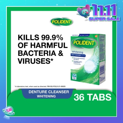 POLIDENT Overnight Whitening Denture Care & Cleanser Tablet (Kills 99.99% Odour Causing Bacteria) 36s