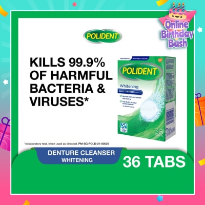 POLIDENT Overnight Whitening Denture Care & Cleanser Tablet (Kills 99.99% Odour Causing Bacteria) 36s