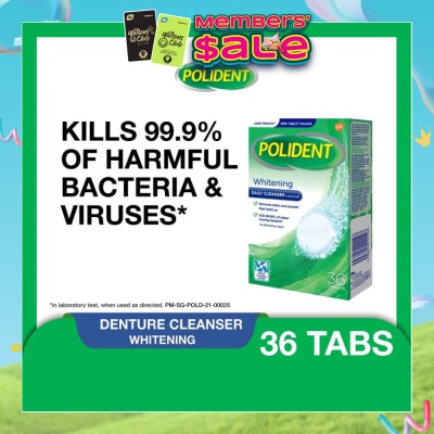 POLIDENT - Overnight Whitening Denture Care & Cleanser Tablet (Kills 99.99% Odour Causing Bacteria) 36s