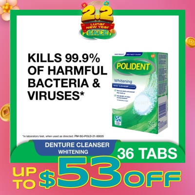POLIDENT Overnight Whitening Denture Care & Cleanser Tablet (Kills 99.99% Odour Causing Bacteria) 36s