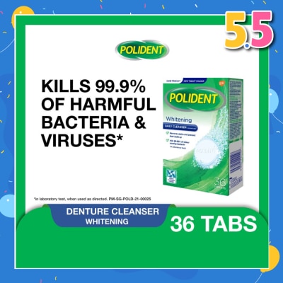 POLIDENT Overnight Whitening Denture Care & Cleanser Tablet (Kills 99.99% Odour Causing Bacteria) 36s