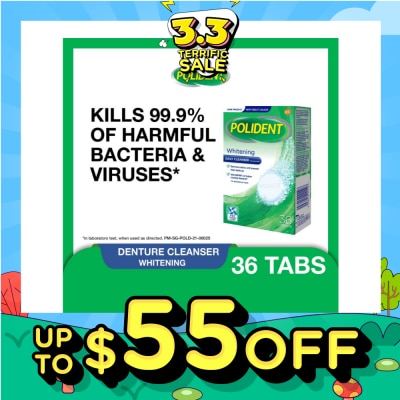 POLIDENT Overnight Whitening Denture Care & Cleanser Tablet (Kills 99.99% Odour Causing Bacteria) 36s
