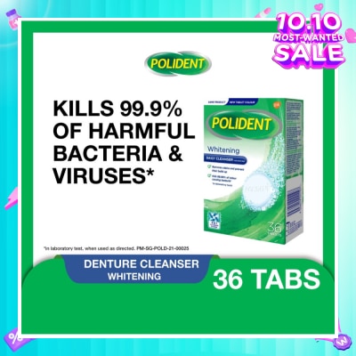 POLIDENT Overnight Whitening Denture Care & Cleanser Tablet (Kills 99.99% Odour Causing Bacteria) 36s
