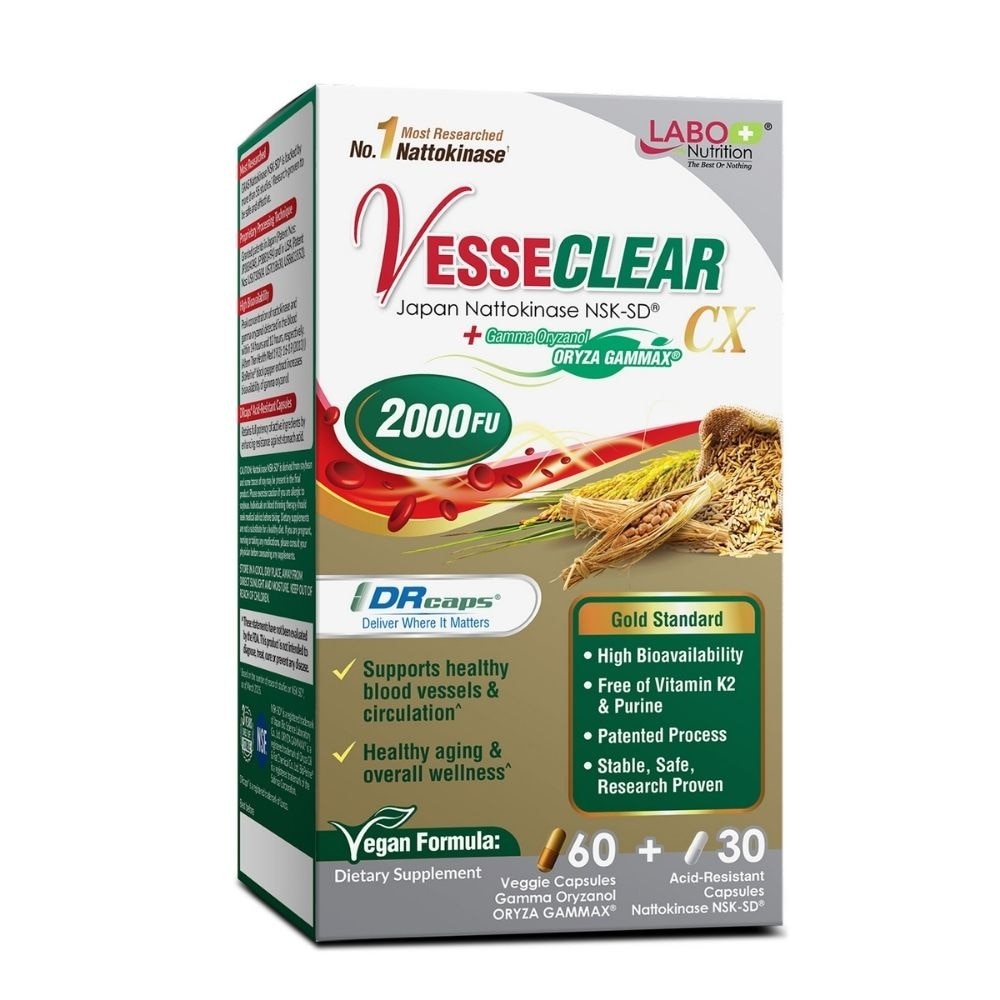 VesseClear CX Nattokinase and Gamma Oryzanol Veggie Capsule (Blood Vessels, Blood Pressure, Cholesterol, Heart Health & Anti-Aging) 90s
