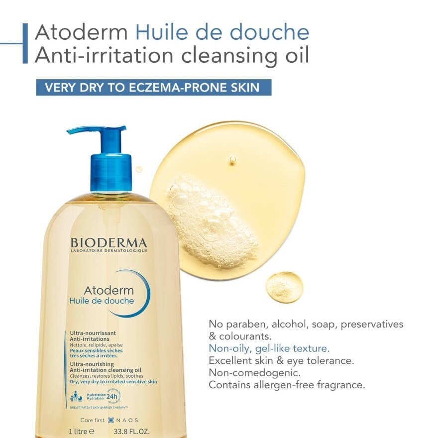 Atoderm Huile de douche Anti-Irritation Face & Body Cleansing Shower Oil (Very Dry Eczema-Prone Skin) 1L