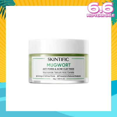SKINTIFIC Mugwort Anti Pores & Acne Clay Mask (To Unclogs & Refines Pores, Prevents & Reduce Breakouts) 55g