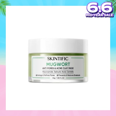 SKINTIFIC Mugwort Anti Pores & Acne Clay Mask (To Unclogs & Refines Pores, Prevents & Reduce Breakouts) 55g
