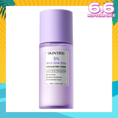 SKINTIFIC 5% AHA BHA PHA Exfoliating Toner (To Calms Acne, Helps Unclog Pores & Smooths Skin Texture) 80ml