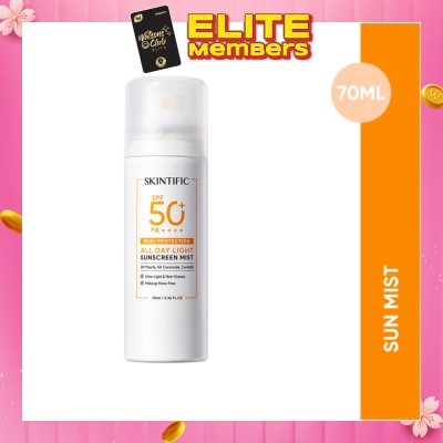 SKINTIFIC All Day Light Sunscreen Mist SPF50+ PA++++ (Ultra-Light, Non-Greasy & Makeup Mess-Free) 70ml