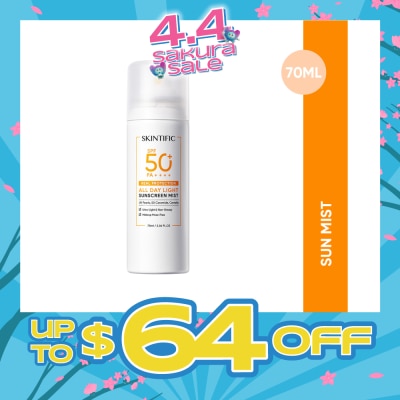 SKINTIFIC - All Day Light Sunscreen Mist SPF50+ PA++++ (Ultra-Light, Non-Greasy & Makeup Mess-Free) 70ml